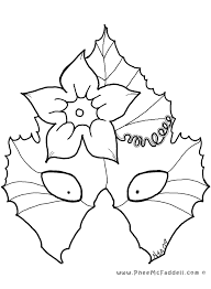 A festive coloring page that children can color, decorate and accent with glitter, sequins or feathers. Pumokin Leaf Mask Coloring Page