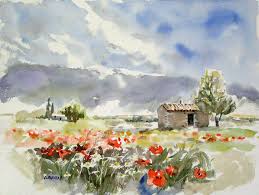 Reve De Printemps Contemporary Watercolor Art Poppy Field Painting Contemporary Watercolor