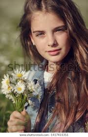 Little Girl Field Daisy Flowers Concept Stock Photo 1417451351