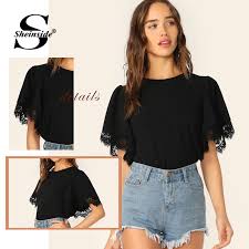 sheinside casual eyelash lace trim black blouse women 2019