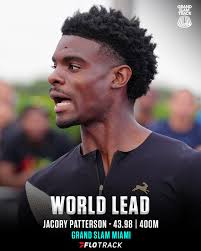 JACORY DELIVERS 💪 The world's fastest UPS team member @major__cory runs a  World Lead in the 400m (43.98) at #GSTMiami. Patterson, who currently pulls  double-duty as a UPS employee, finished second in