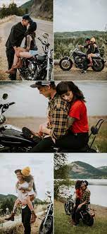 How To Set The Scene For Your Engagement Photos Junebug Weddings Motorcycle Engagement Photos Motorcycle Wedding Engagement Photoshoot