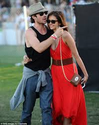 Somerhalder played damon salvatore while dobrev played elena gilbert. Coachella 2012 Vampire Diaries Couple Ian Somerhalder And Nina Dobrev Interrupt Their Partying To Share A Cuddle Together Daily Mail Online