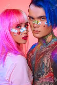 4.3 out of 5 stars 1,098. Anime Style A Girl With Bright Pink And White Hair Bright Pink Makeup And A Boy With Blue Hair And Colorful Tattoo On The Body Modern Youth Generation Stock Photo Picture And