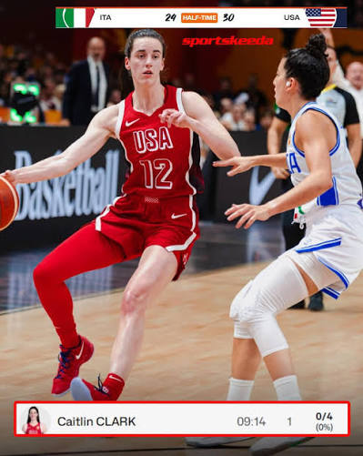 Caitlin Clark hasn't found her rhythm yet, and Team USA faces a CLOSE game  against Italy at halftime 😬 1 PTS 0-4 FG 0-2 3PT 1-2 FT 0 AST