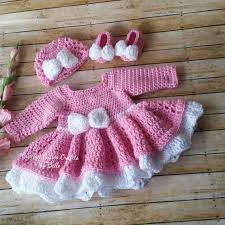 Pink And White Baby Girl Crochet Dress With Headband White Bow Outfit 0 3 Months Infant Set Long Crochet Baby Clothes Crochet Dress Girl Crochet Baby Dress