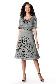 Floral Wool Embroidery Cotton Chambray Dress Eshakti In 2020 Chambray Dress Fashion Clothes Women Fit And Flare Dress
