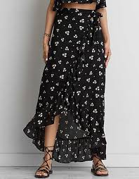 Aeo Ruffle Maxi Skirt Black American Eagle Outfitters