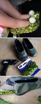 This shoe is pretty much easy to make and it is made up of mod podge, green acrylic paint, brush, hair clips, pompoms, and any flat shoe of your choice. You Will Enjoy Costumes Using These Tips Tinker Bell Costume Tinkerbell Costume Kids Tinkerbell Shoes
