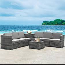 Casainc Gray 8 Piece Wicker Patio Conversation Set With Cushionguard Gray Foam Cushions And Coffee Table Wfhw62884 The Home Depot In 2020 Outdoor Patio Furniture Sets Patio Furniture Sets Outdoor Patio Furniture