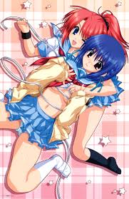 alpha (yukai na nakamatachi), mitsuhiro sachi, oone touka, 5pb., sharin no  kuni himawari no shoujo, white legwear, absurdres, highres, scan, 2girls,  ;d, black socks, blue eyes, blue hair, blush, bra, bra lift,