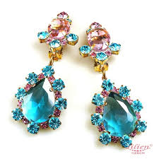 Heritage Of History Earrings Clips Aqua Pink Lilien Czech Authentic Czech Rhinestone Jewelry