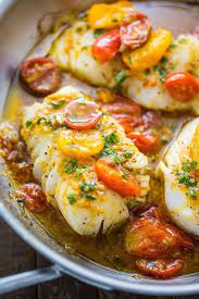 Pan Seared Cod In White Wine Tomato Basil Sauce Baker By Nature Recipe Fish Recipes Healthy Fish Dinner Fish Recipes