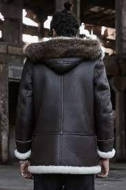 Denny Dora Mens Brown B3 Shearling Coat Leather Jacket With Hood Mens Winter Coat Leather Jacket Men