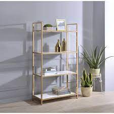 These shelves add a welcoming feel to your room and help keep your home neat & organized. Tubular Metal Framed Bookshelf With Wood Inserted Open Shelves White And Gold Overstock 28554059