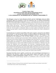 Titled in the following format. Position Paper Of The Philippine Action For Youth Offenders Payo And The Child Rights Network Crn On Lowering Of The Minimum Age Of Criminal Responsibility Child Rights Coalition Asia