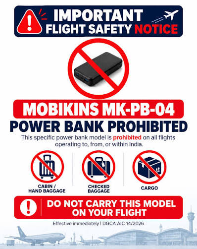 🚨✈️ IMPORTANT FLIGHT SAFETY ALERT! ⚠️ Mobikins MK-PB-04 Power Bank Prohibited on Flights in India! Passengers, please take note! As stated in the safety notice, this specific power bank model is pro