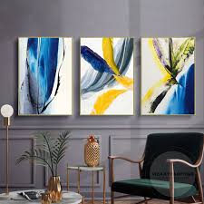 3 Pieces Modern Abstract Blue Yellow Feather Prints Painting Etsy Wall Art Pictures Wall Art Sets Large Wall Art