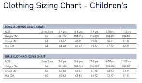 childrens size chart popup