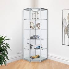 Corner display cabinet with glass doors. Silver Corner Glass Display Cabinet With 1 Led Light 650mm Displaysense