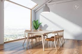 15 charming scandinavian dining room design ideas. Scandinavian Dining Room Interior With White Walls Wooden Floor Long Wooden Table With Chairs Large Window And Plant In The Corner 3d Rendering Stock Photo Picture And Royalty Free Image Image 124974767