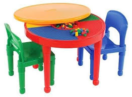 Tot Tutors Round Plastic Construction Table With 2 Chairs And Cover Primary Kids Table And Chairs Lego Activity Table Table And Chair Sets