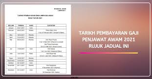 Tarikh pembayaran gaji bulanan penjawat awam 2021 dipaparkan dalam jadual di bawah. Tarikh Pembayaran Gaji Penjawat Awam 2021 Rujuk Jadual Ini