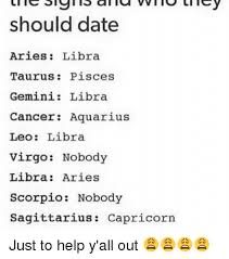Our gemini love compatibility horoscopes reveal how your signs can find and keep love. Should Date Aries Libra Taurus Pisces Gemini Libra Cancer Aquarius Leo Libra Virgo Nobody Libra Aries Scorpio Nobody Sagittarius Capricorn Just To Help Y All Out Meme On Me Me