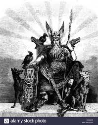Aber trotzdem hat das prinzip odins, stets neues wissen zu erlangen. Odin Wotan Hochster Gott In Der Nordischen Mythologie Gott Der Weisheit Und Des Krieges Auf Dem Thron Sitzend Gravur 1880 Stockfotografie Alamy