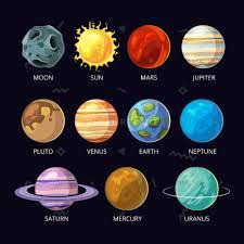 Planets Of Solar System Vector Cartoon Set On Dark Sky Space Background Mars And Pluto Neptune And Solar System Planets Solar System Painting Planet Painting