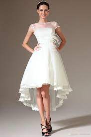 Discount Exquisite Dulcea Hi Lo Wedding Dresses Pearl Bead Sheer Bateau Cap Sleeve High Low Lace Edge Beach Bridal Gowns Feather Sash Backless Wedding Dresses C Wedding Dress Organza Short Sleeve
