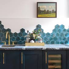 Our Handmade Glazed Ceramic Hexagon Shaped Tiles From Our New Terracotta Collection Make The P Kitchen Backsplash Inspiration Dark Green Kitchen Dark Blue Tile