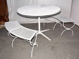 Round cast aluminum outdoor dining table. Round Metal Patio Table And Two Matching Benches By Woodard At 1stdibs