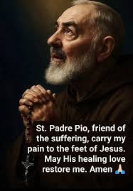 St. Padre Pio, friend of the suffering, carry my pain to the feet of Jesus.  May His healing love restore me. Amen