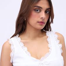 MIXT by Nykaa Fashion White V Neck Lace Bodycon Top (M)