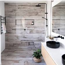 Washed Timber Tiled Feature Wall With Niche And Floor With Tile Insert Waste Matte Black Rail Show Bathroom Feature Wall Best Bathroom Designs Scandi Bathroom