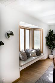 Modern Casual Living And Dining Room One Room Challenge Reveal Brepurposed Bay Window Living Room Dining Room Bench Dining Room Windows