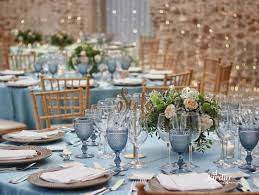 Get inspired by these chic wedding table settings, designed for a diverse range of styles, tastes, and needs. Gorgeous Dustyblue Grey Table Setting Is Perfect For Your Wedding Day Blue Table Settings Blue Wedding Centerpieces Blue Wedding Decorations