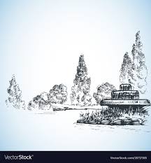 Garden Artistic Drawing Water Fountain And Poplars