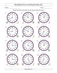 The Reading 12 Hour Time On Analog Clocks In One Hour Intervals 12 Clocks A Math Worksheet From The Time Math Clock Worksheets Analog Clock Time Worksheets