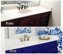 Are you looking for a way to renovate your bathroom or kitchen cabinets without hiring a contractor? Diy Painted Bathroom Countertop And Sink 2 Bees In A Pod