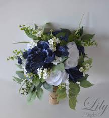 Blue and white wedding bouquets real flowers. Amazon Com Wedding Bouquet Bridal Bouquet Bridesmaid Bouquet Silk Flower Bouquet Wedding Flower Navy Navy Blue Blue Dark Blue White Off White Greenery Rustic Burlap Twine Lily Of Angeles Handmade Products