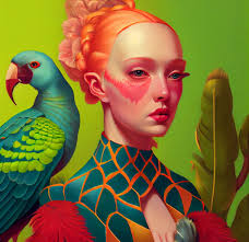 Made With Debra Marple Addicks prompt slightly modified Prompt: an adorable  (parrot) is encircled by colorful petals, in the style of Iris Scott,  Colorful flowers around in the style of petya Konstantinova