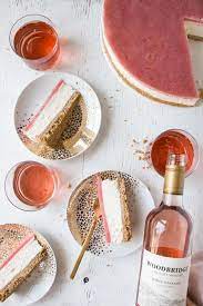 Slices Of A No Bake Rhubarb Cheesecake On Plates And Glasses Of Rose Wine Rosewine Rose Wine Recipes Wine Recipes Dessert Ingredients