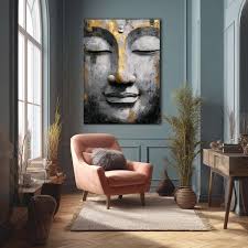 Buddha Gesicht Wandkunst, Gold und Grau Meditation Dekor, friedlicher Zen  Raum Poster, Achtsamkeit Geschenk, gerahmter moderner Buddha Druck