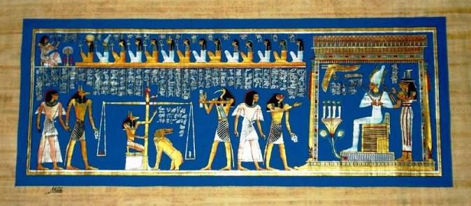 Egyptian Papyrus Painting: The Final Judgement vivid blue background