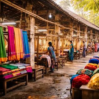 Authentic handloom sarees at Mangalagiri weaving center, AI generated