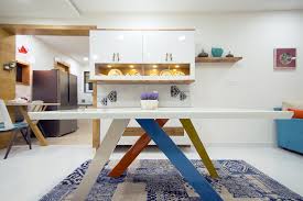 Built in china cabinet is stained blue with yellow crown molding accent. Crockery Unit Designers In Hyderabad Interior Designers In Hyderabad