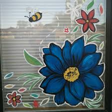 Spring Summer Window Painting By Becky Wade Flowers With Bee Painted Window Art Window Mural Abstract Flower Art