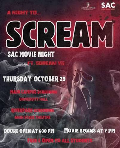 JOIN US for our Scary Movie Night: Scream (1996) Wednesday, October 28th in  the Midtown Student Center Theater!! Doors open at 8PM and the movie starts  at 8:30PM!! Come in your SCARIEST